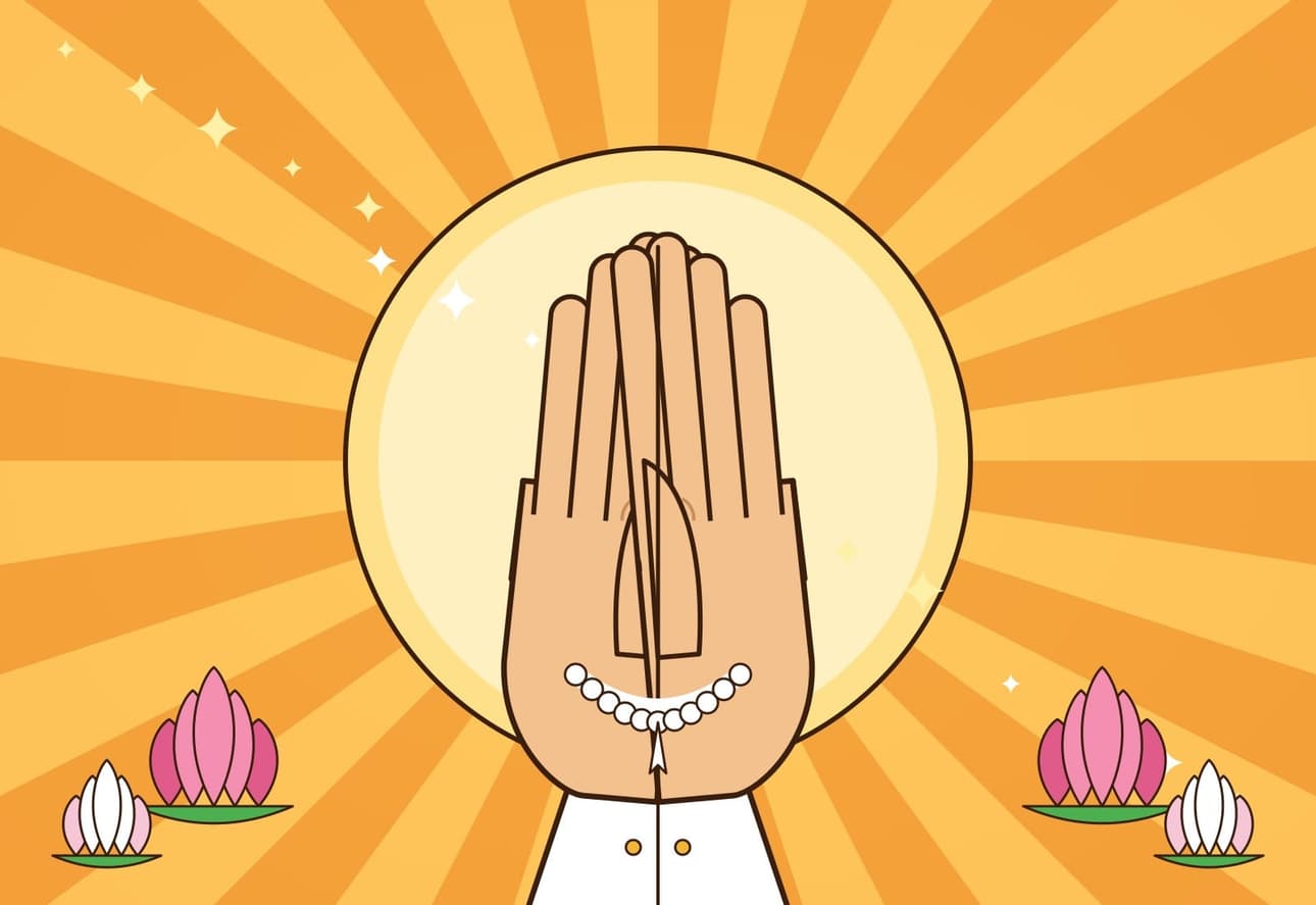 Illustration of hands joined in respect, saying Sādhu