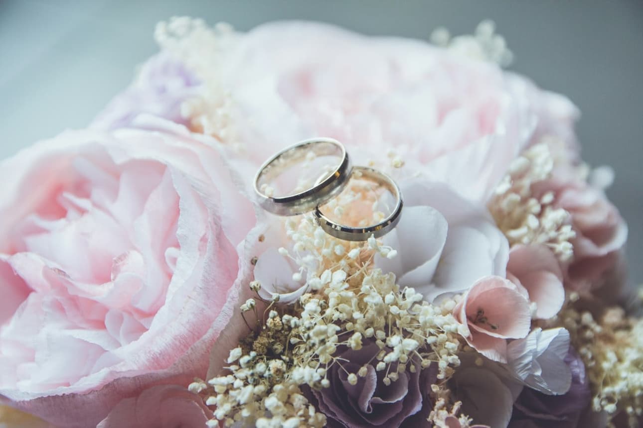 Wedding rings resting on roses
