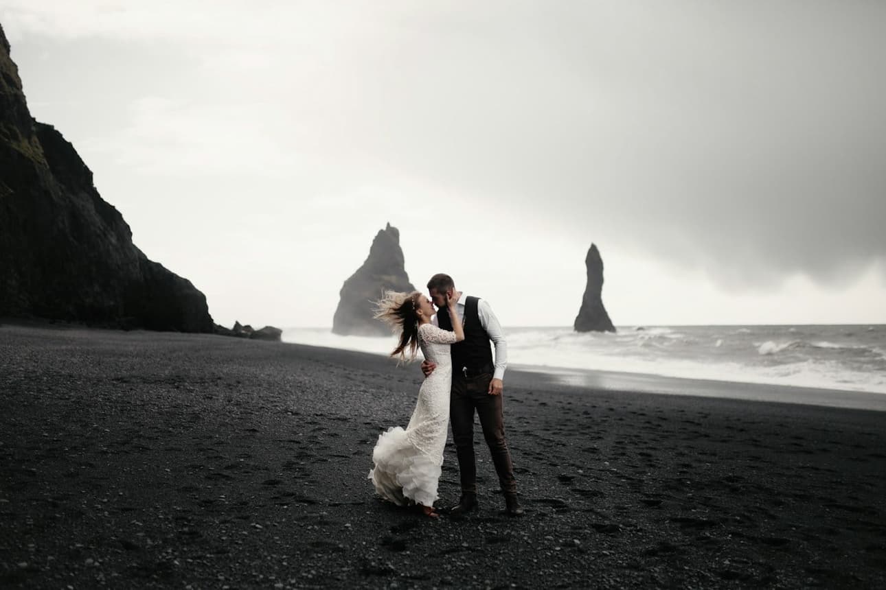 On the black sand beach