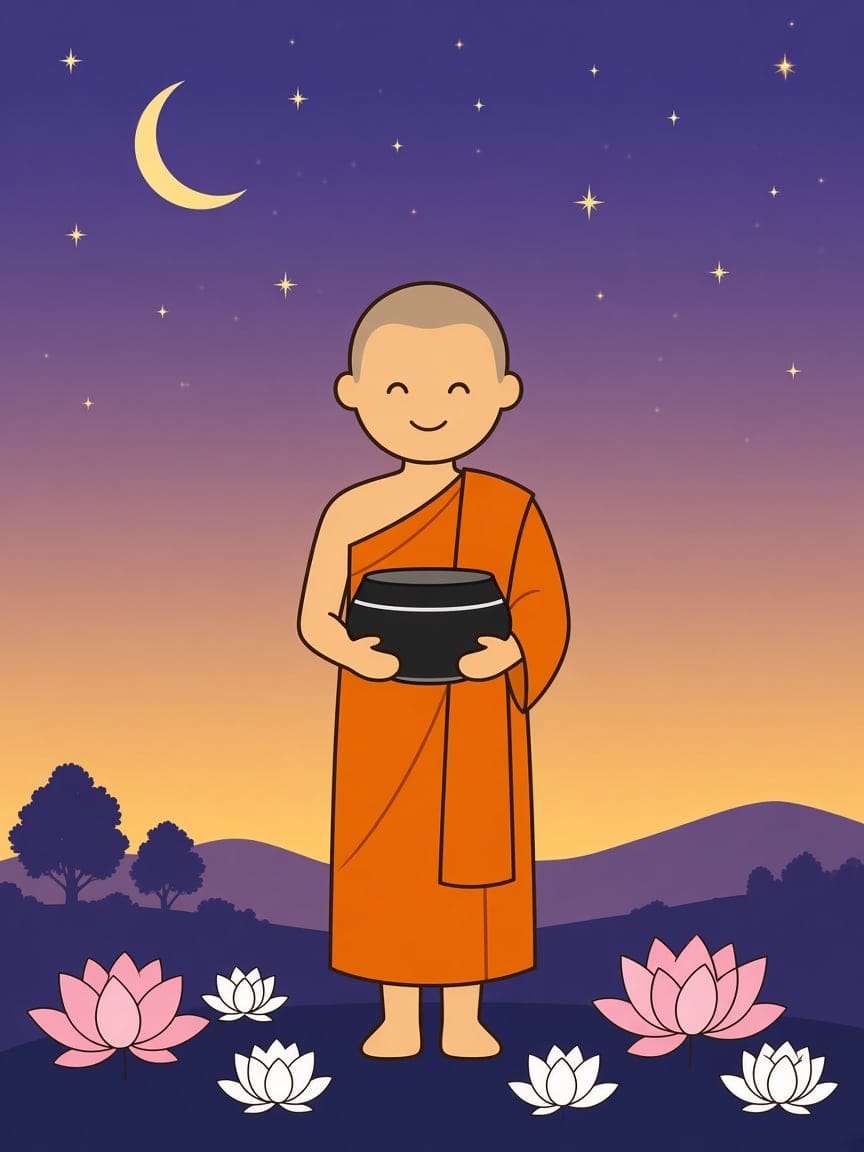 Illustration of a young novice in saffron robes holding an alms bowl under the evening stars