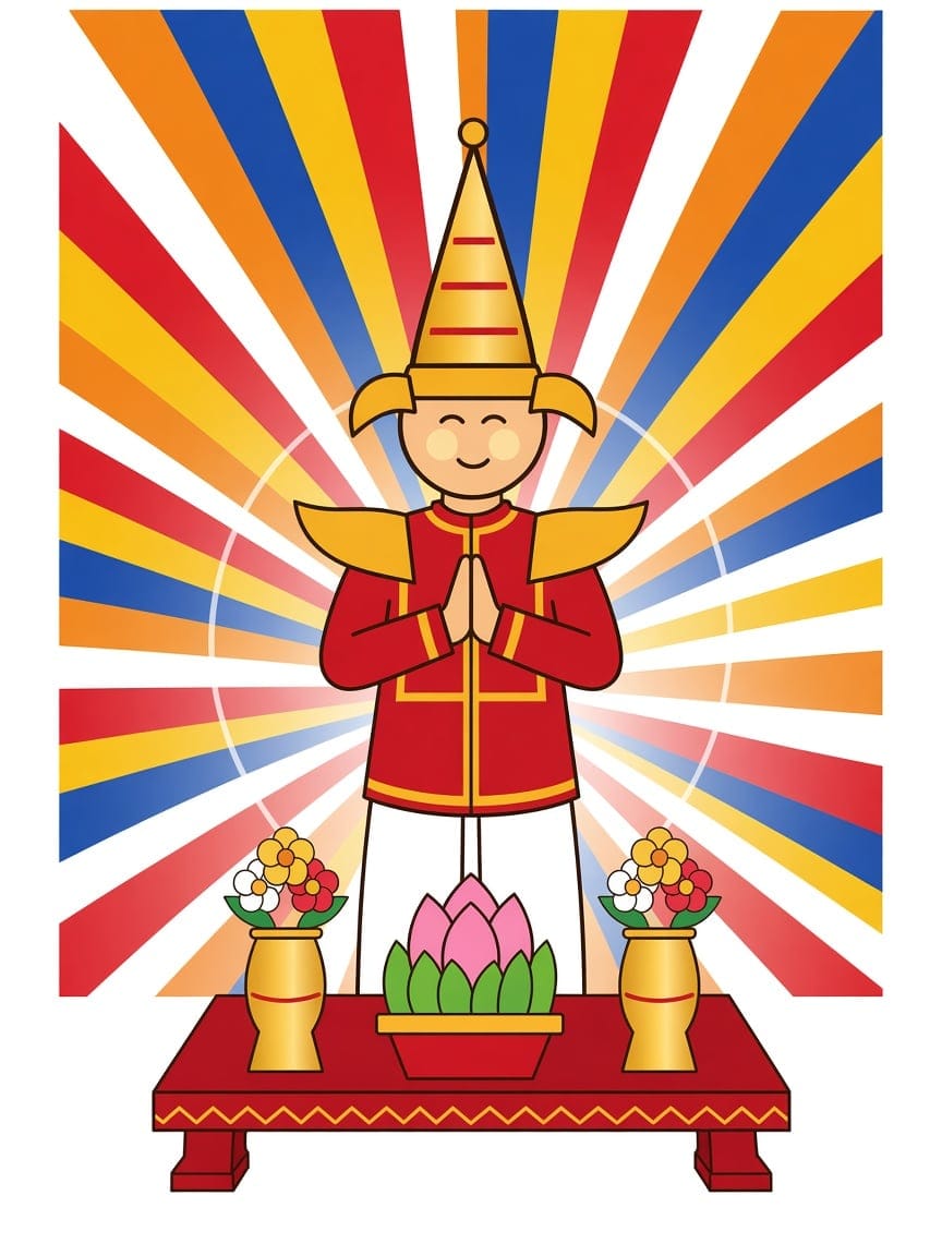 Illustration of the novice prince with joined palms in six-coloured rays