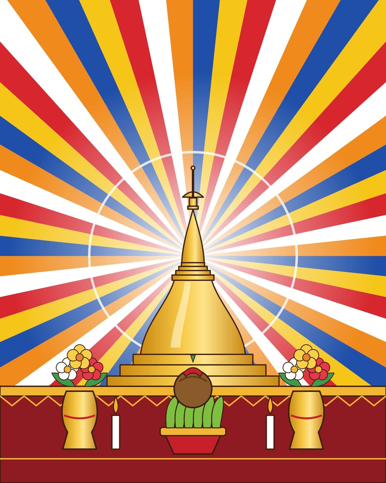 Illustration of a golden stupa in six-coloured rays
