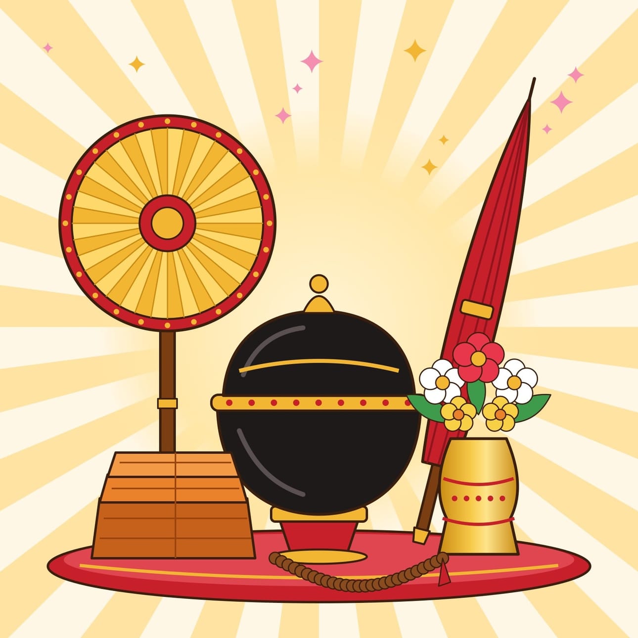 Illustration of a monk's requisites: alms bowl, fan, umbrella, robes and flowers